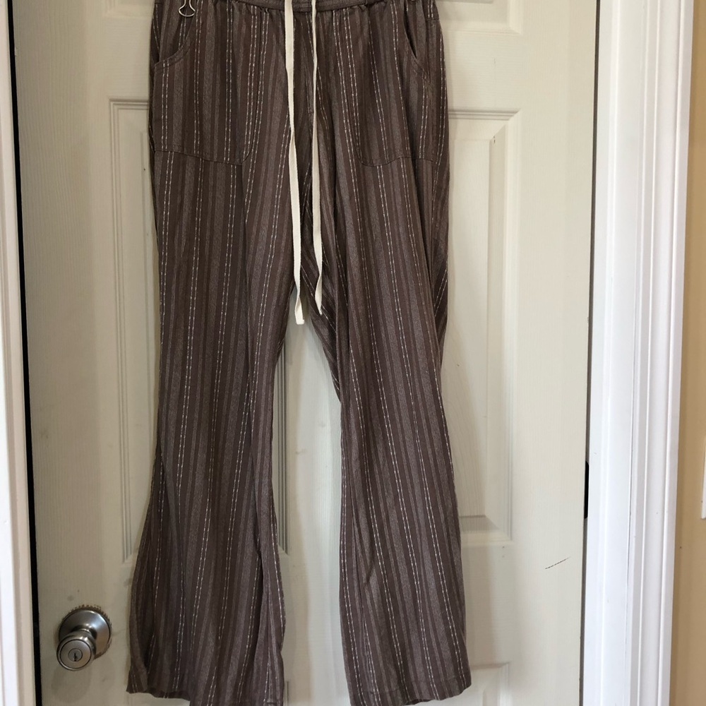 Rewash Wide-Leg Drawstring Pants Linen Blend Small Brown Striped Beach Casual - Picture 6 of 12